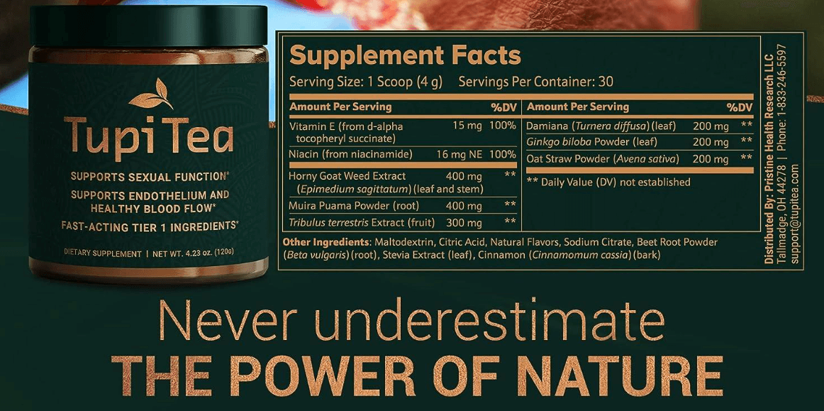 Tupi Tea supplement facts and ingredients including Horny Goat Weed, Tribulus Terrestris, Damiana, and Ginkgo Biloba.